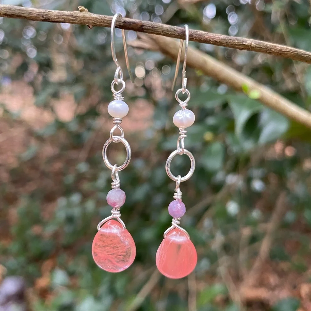 Silver and Strawberry Quartz Drop Earrings - Picture 2 of 6
